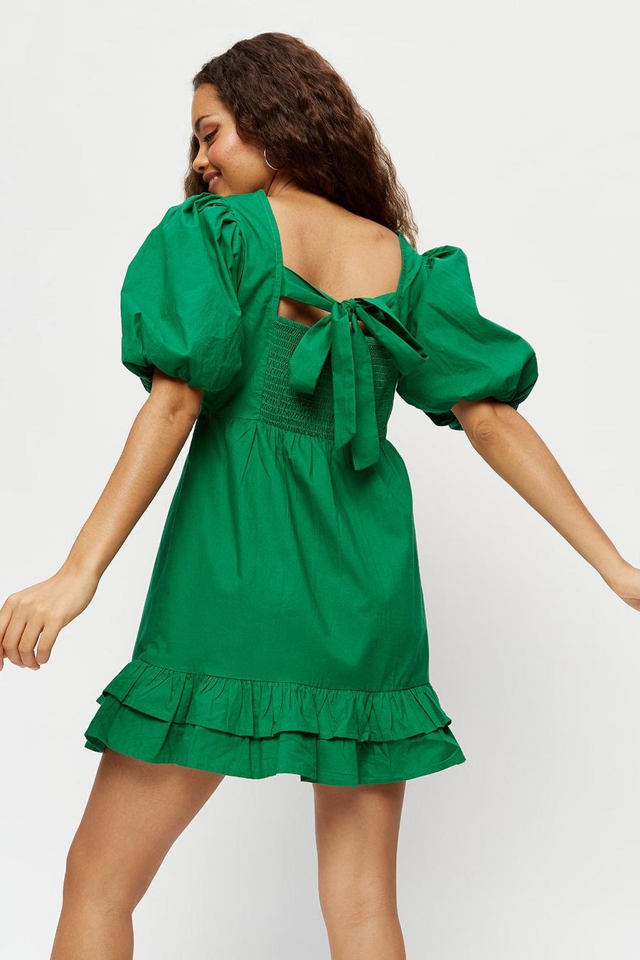 Petite Green Poplin Puff Sleeve Mini Dress