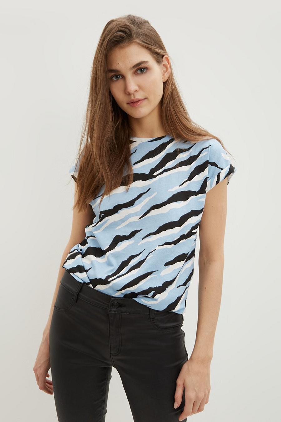 Blue Abstract Zebra Print Roll Sleeve T-shirt