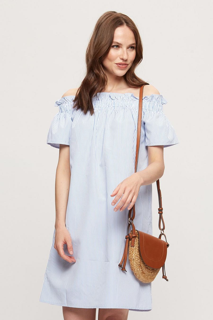 Blue Stripe Bardot Mini Dress