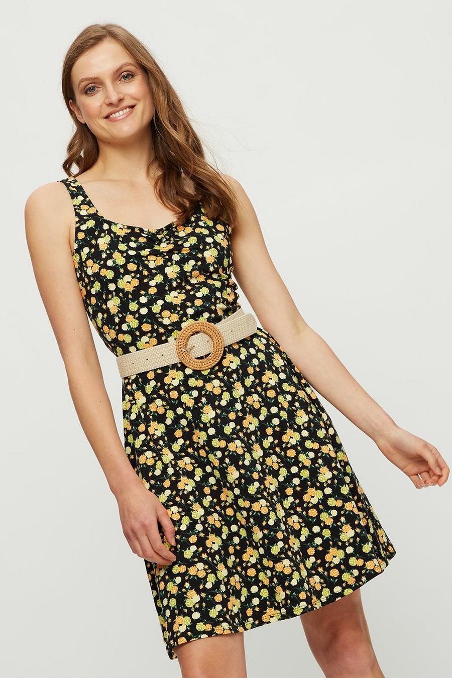 Black Lemon Floral Ruched Strappy Mini Dress