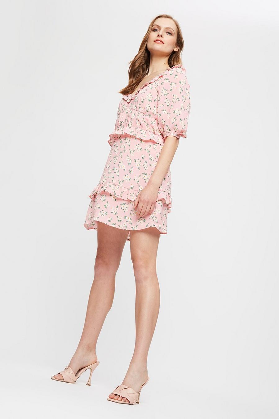 Pink Daisy Ruched Waist Mini Dress