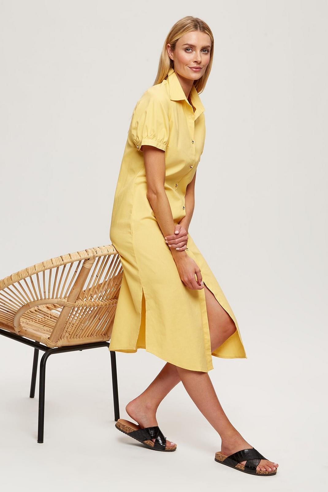 174 Yellow Long Line Linen Midi Shirt Dress image number 1