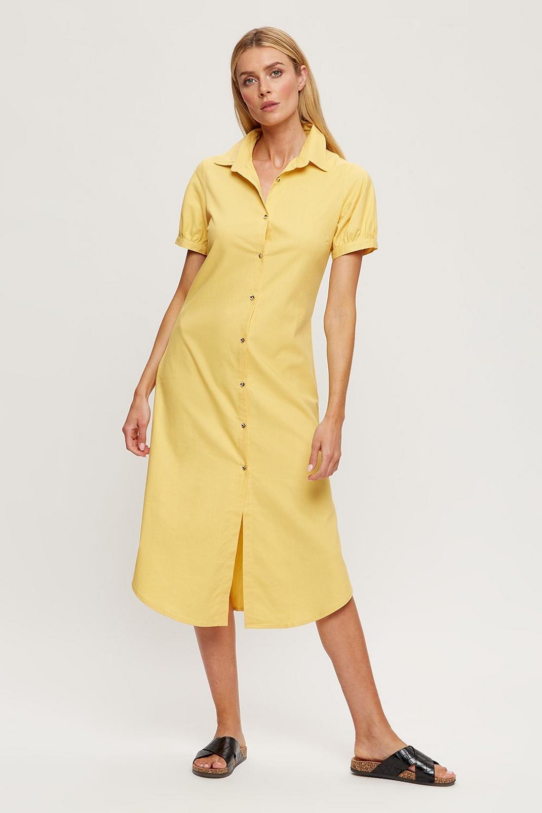 174 Yellow Long Line Linen Midi Shirt Dress image number 2