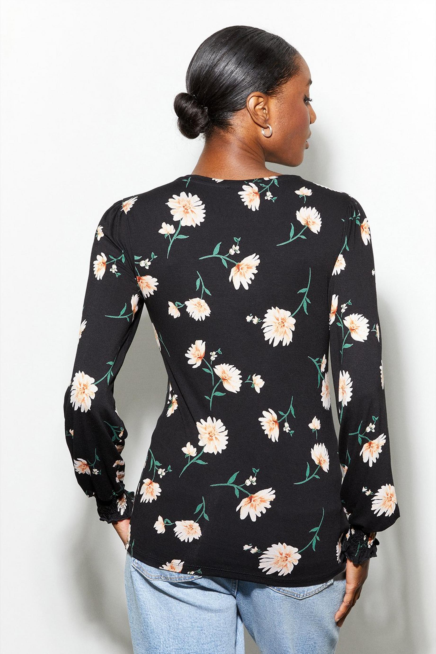 Floral Print Shirred Cuff Top