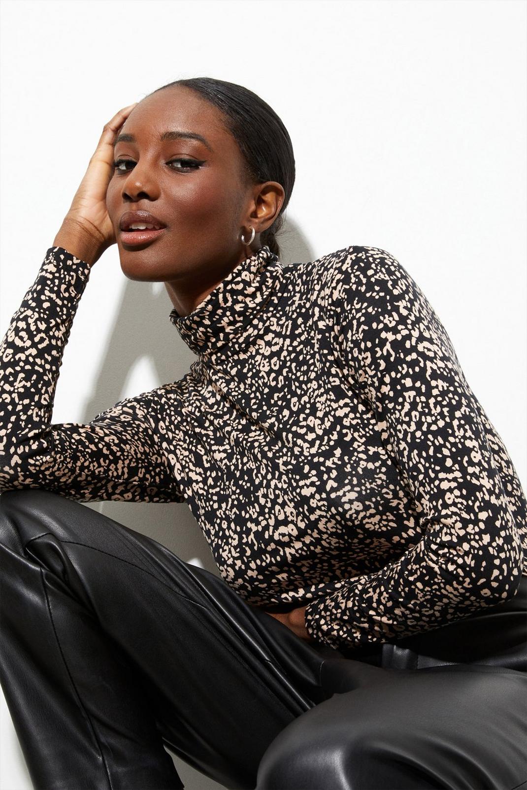 Black Leopard Print Button Cuff Roll Neck Top image number 1