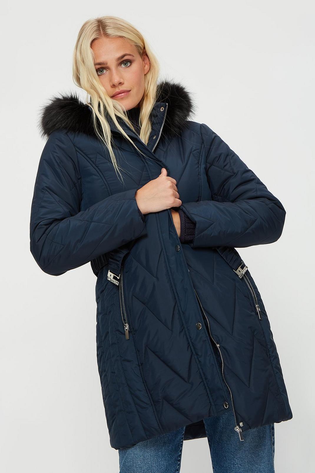 Navy Longline Belted Quilted Padded Coat  image number 1