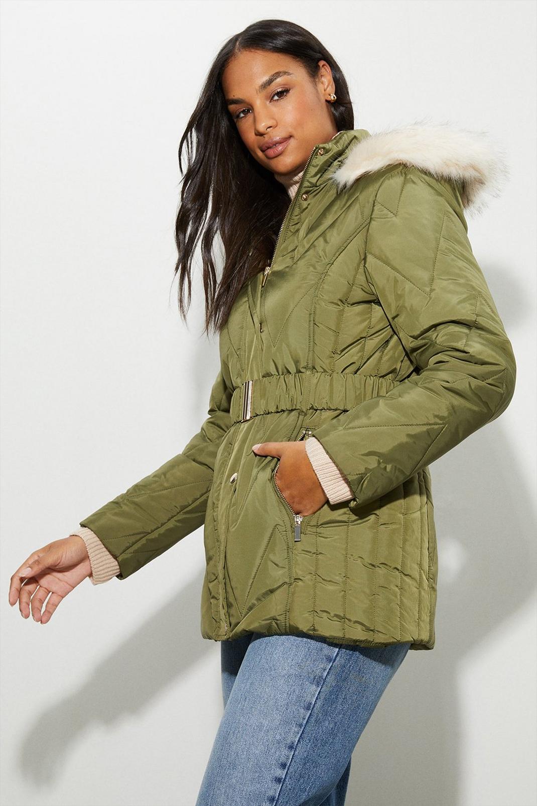 Khaki Short Belted Quilted Padded Coat image number 1
