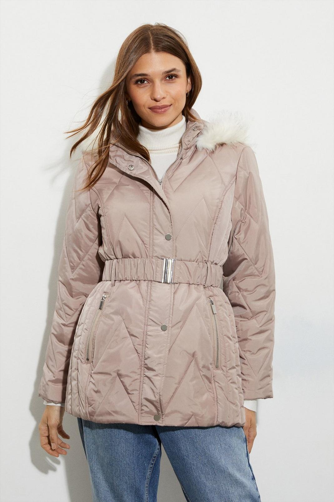 Taupe Short Belted Quilted Padded Coat image number 1