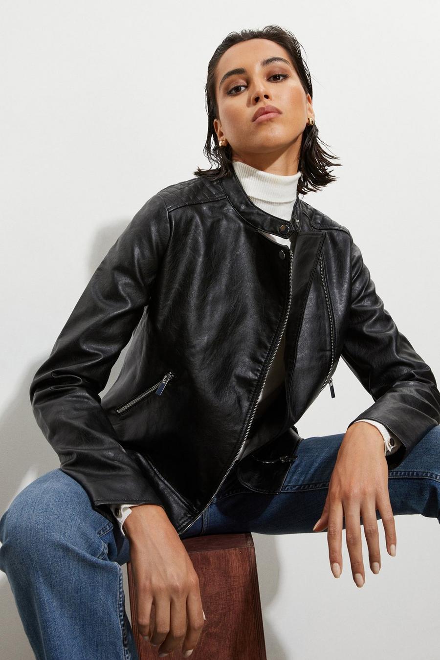 Tall Faux Leather Collarless Biker Jacket