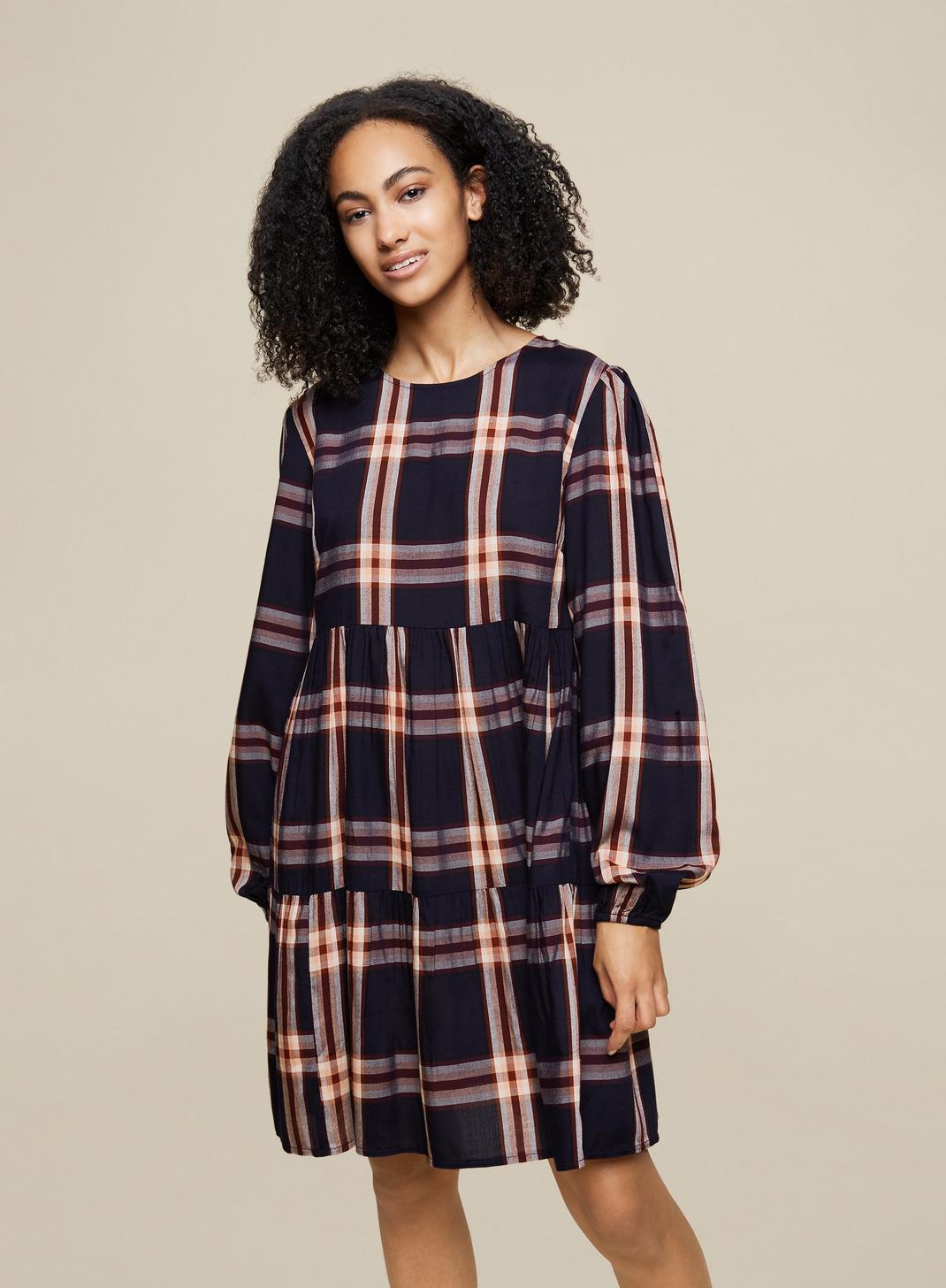 148 Tall Navy Checked Smock Dress image number 1