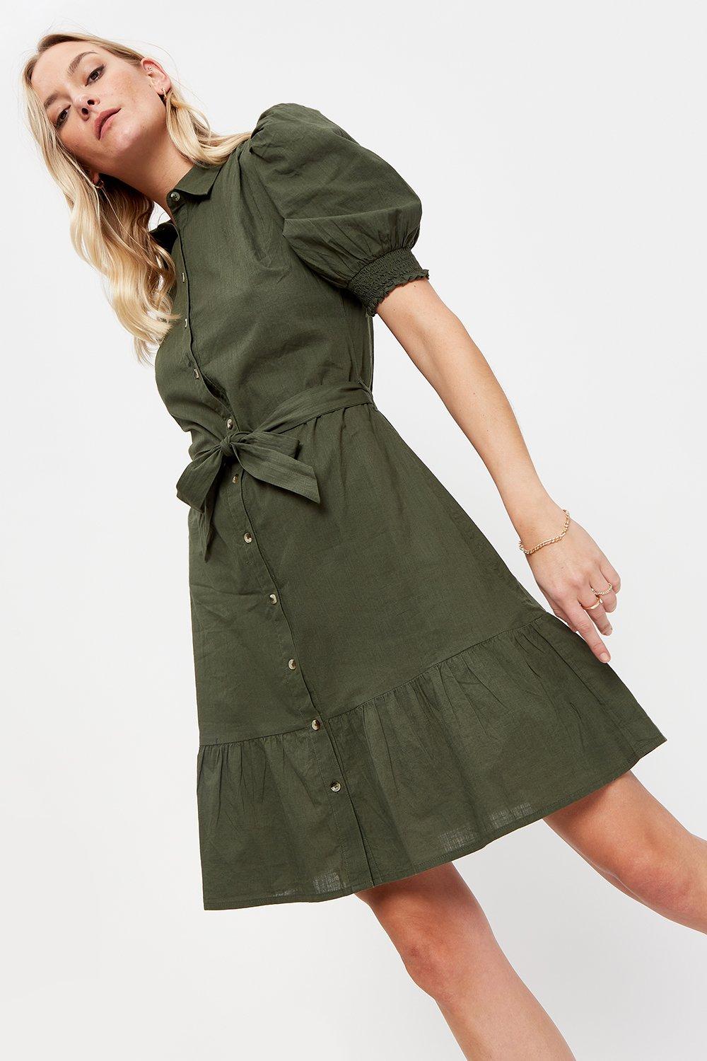 puff sleeve khaki dress