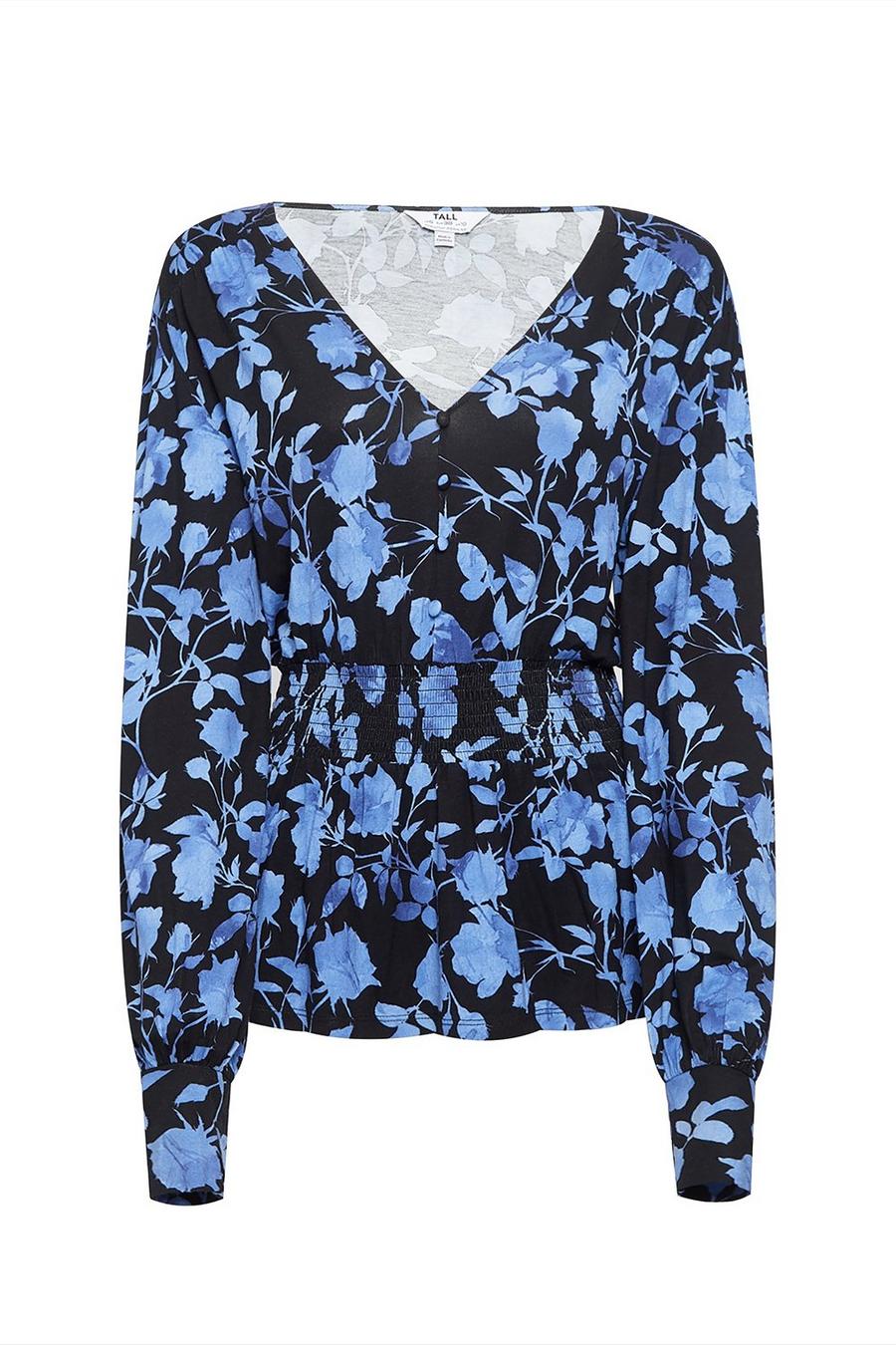 Tall Blue Floral Print Shirred Top