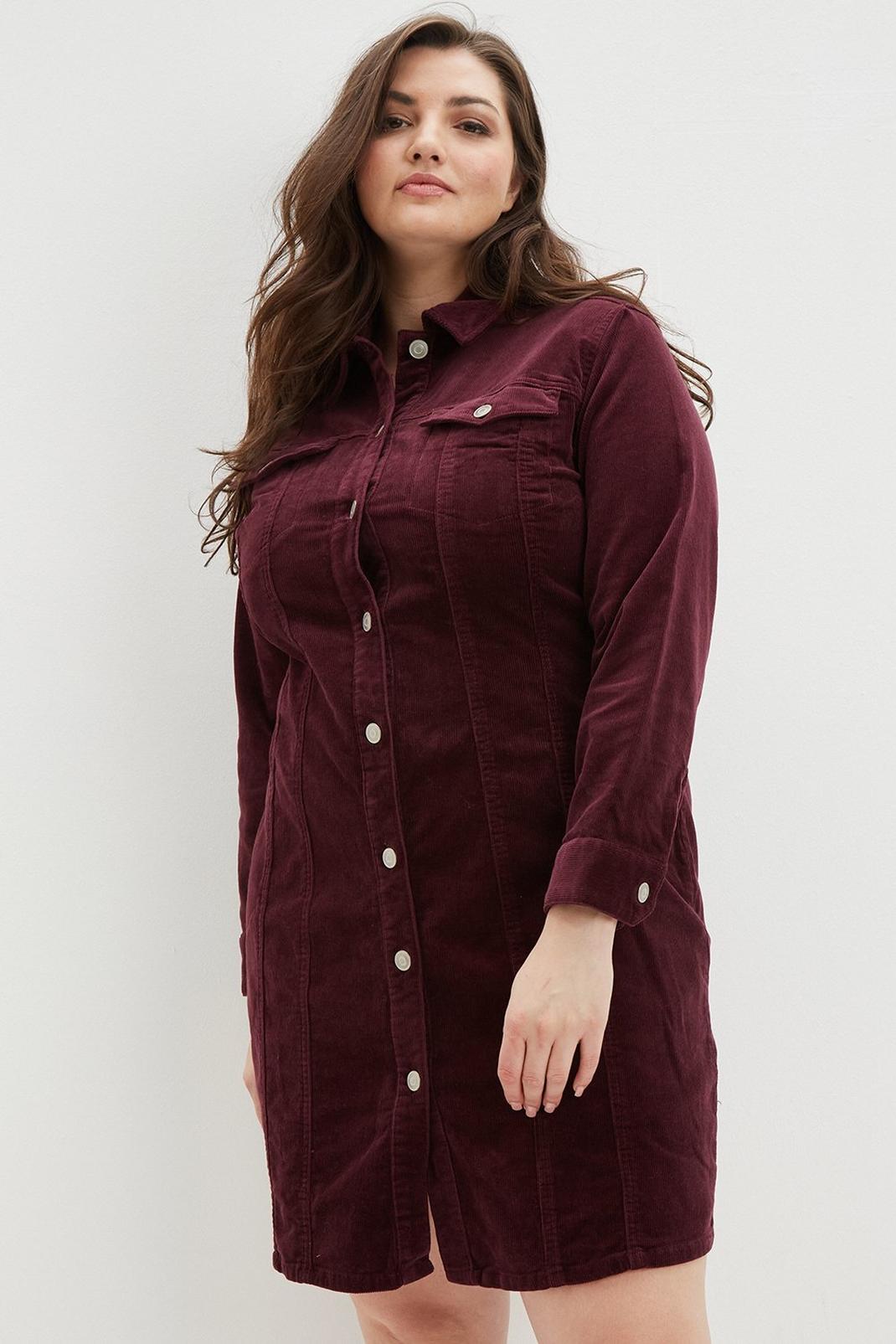 Berry Curve Seamed Cord Shirt Dress image number 1