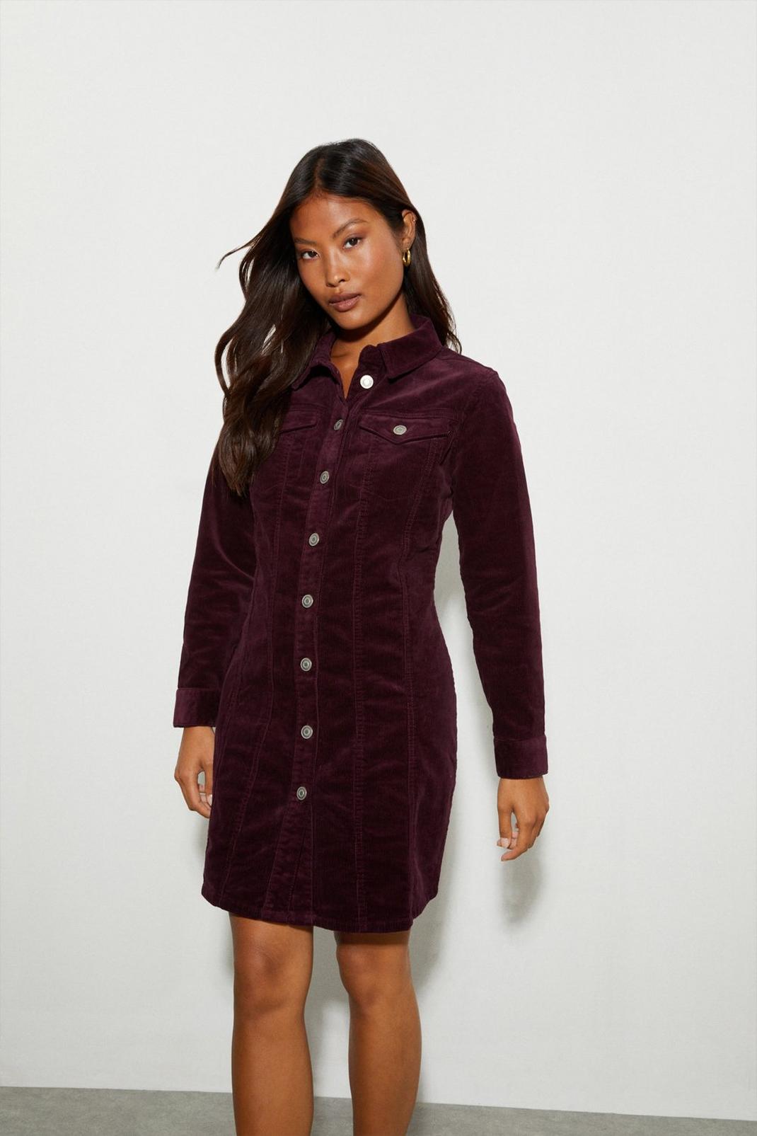 Berry Petite Seamed Cord Shirt Dress image number 1