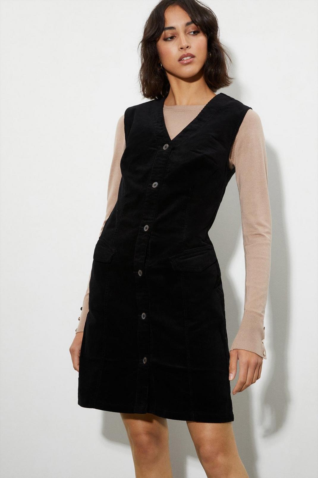 Black Tall Button Down Cord Pinny Dress image number 1