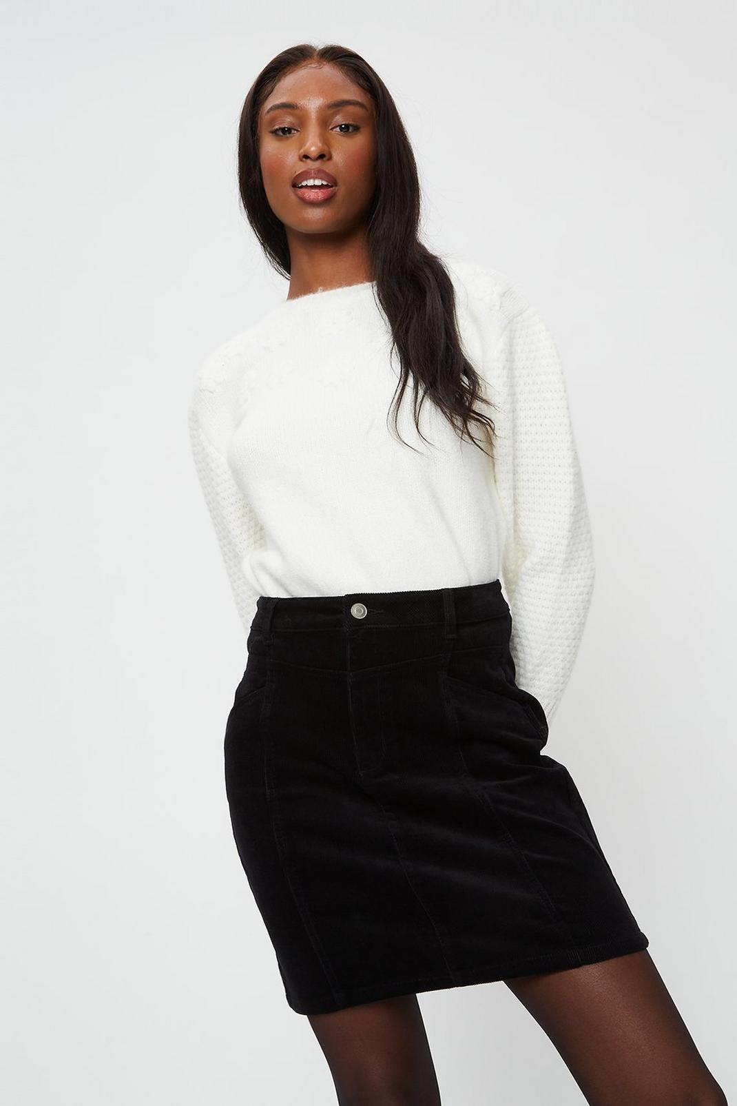 Black Tall Seam Detail Cord Button Skirt image number 1