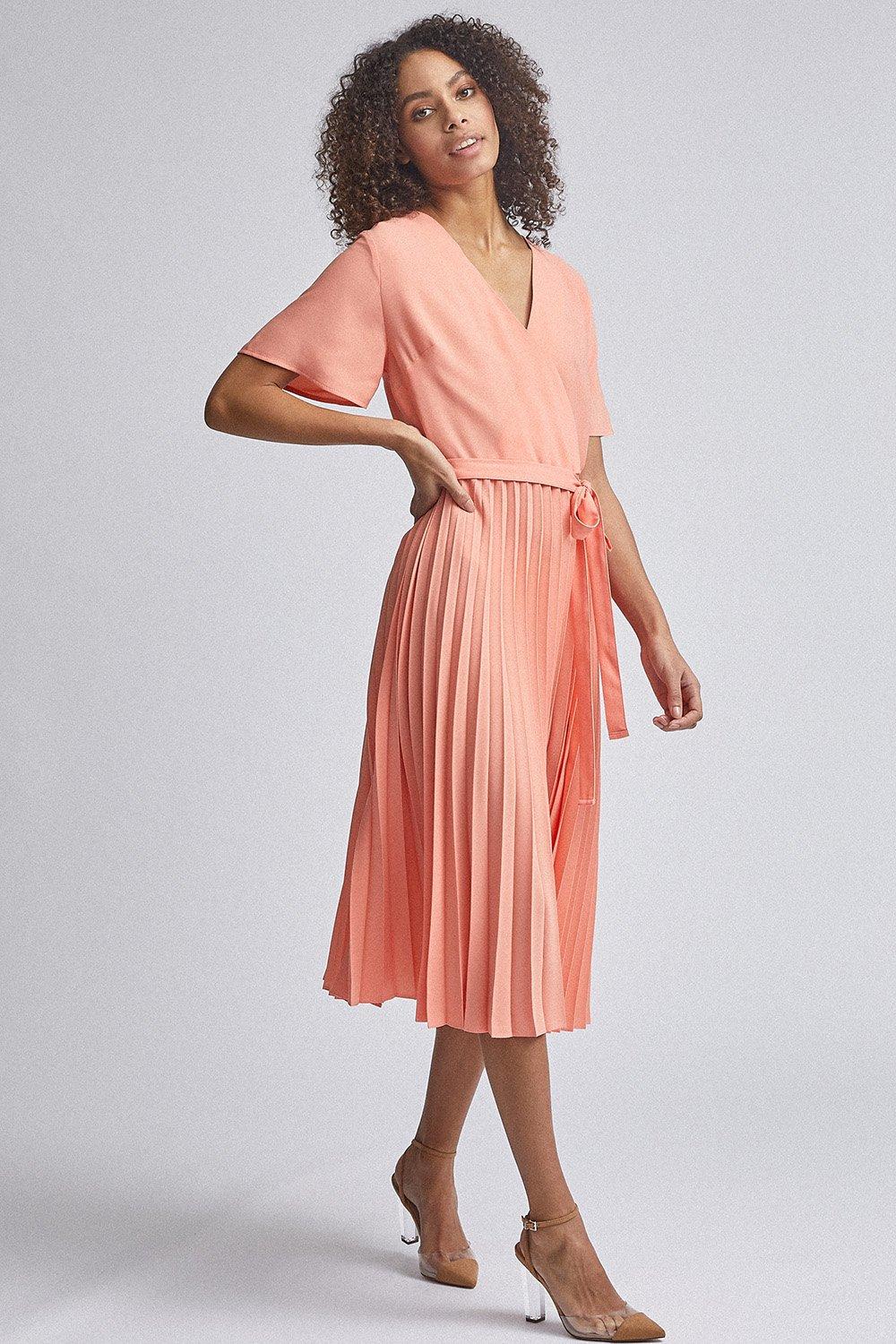 Coral Pleat Wrap Midi Dress | Dorothy Perkins EU