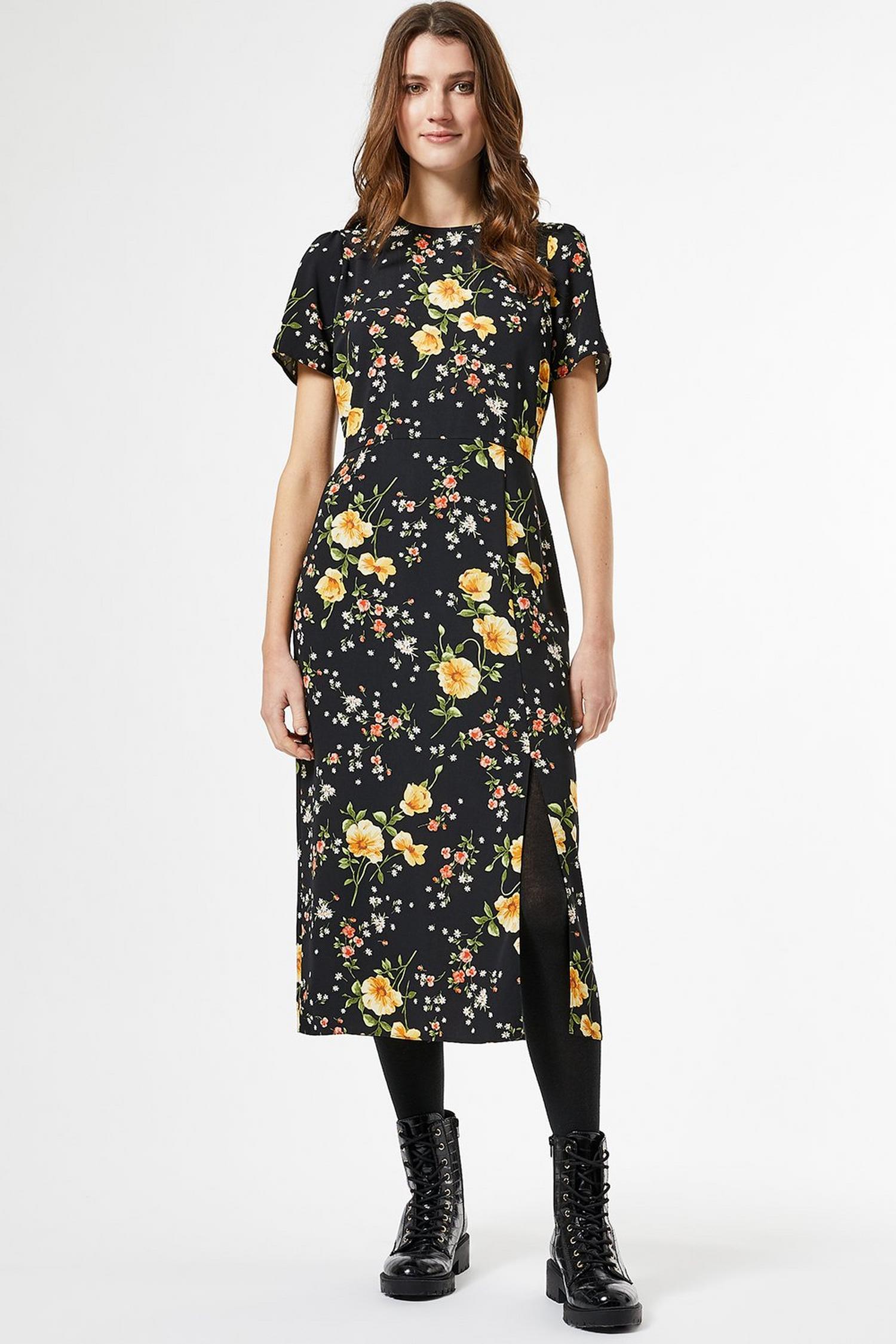 Black Floral Split Midi Dress | Dorothy Perkins UK