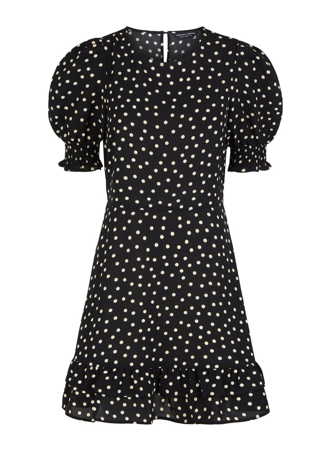 105 Black Spot Print Frill Hem Mini Dress image number 2