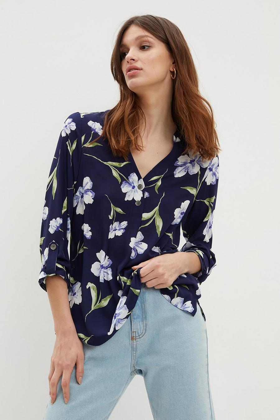 Navy Floral Roll Sleeve Top