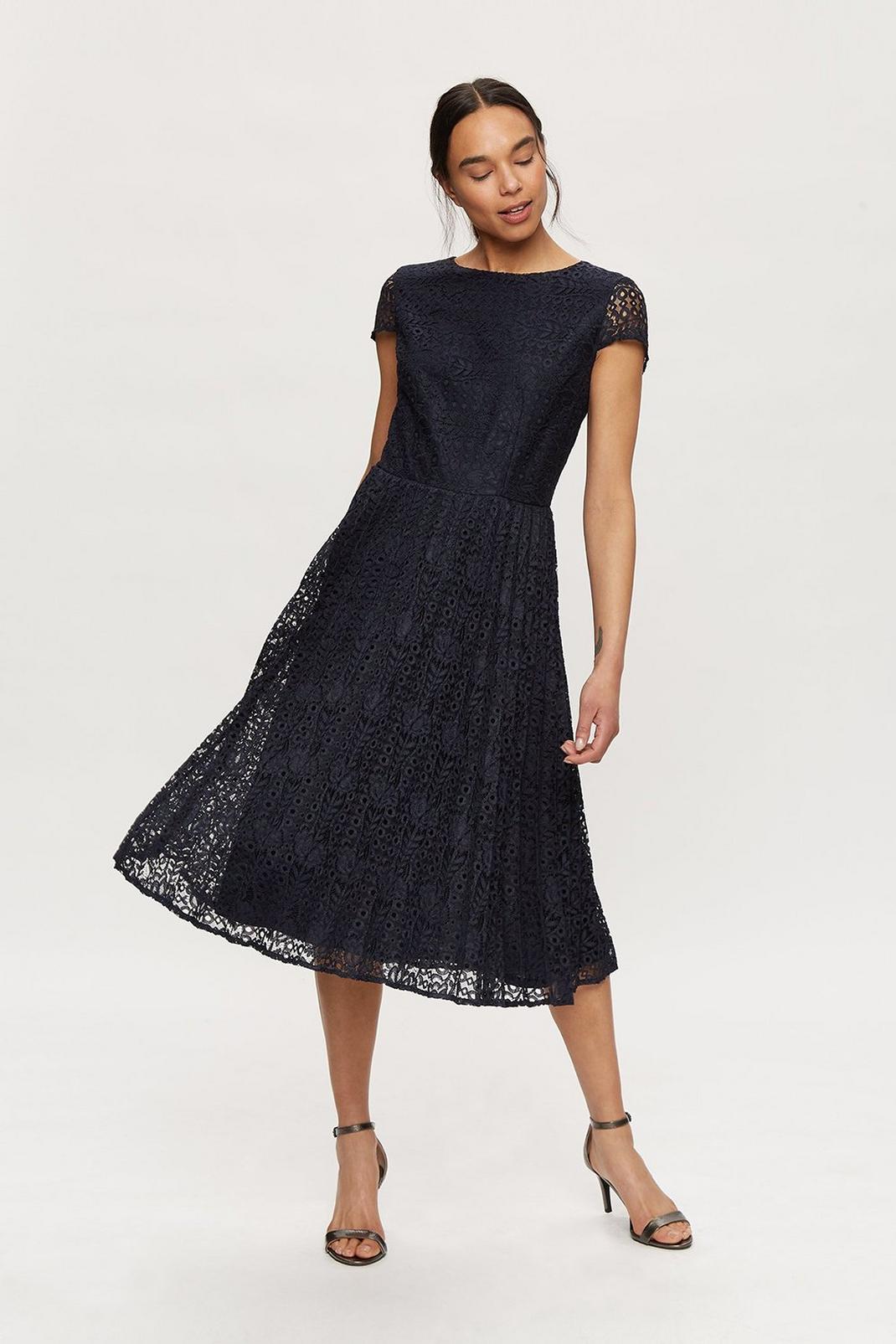 148 Navy Lace Pleated Midi Dress image number 1