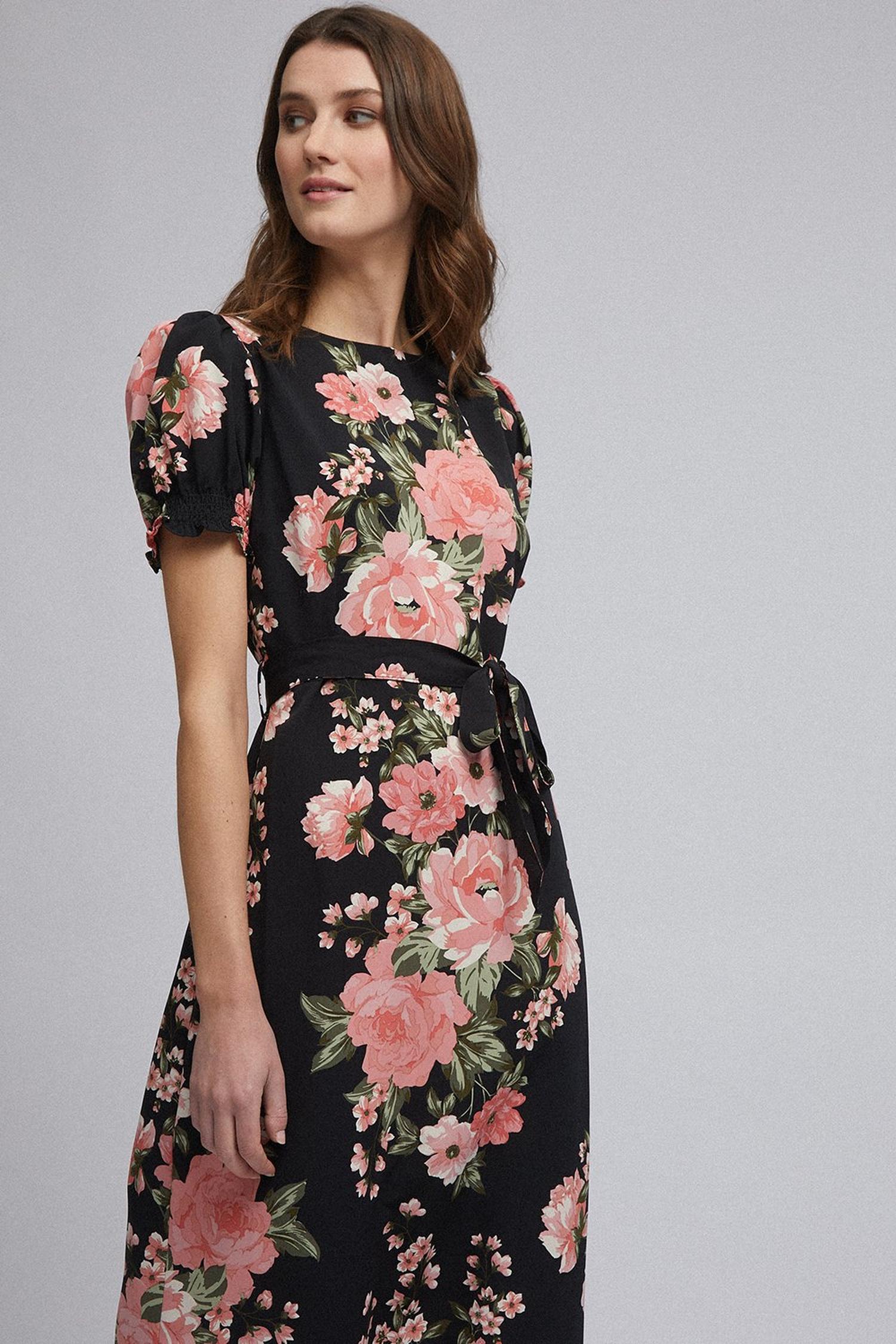 Black Floral Print Puff Sleeve Midi Dress Dorothy Perkins Uk