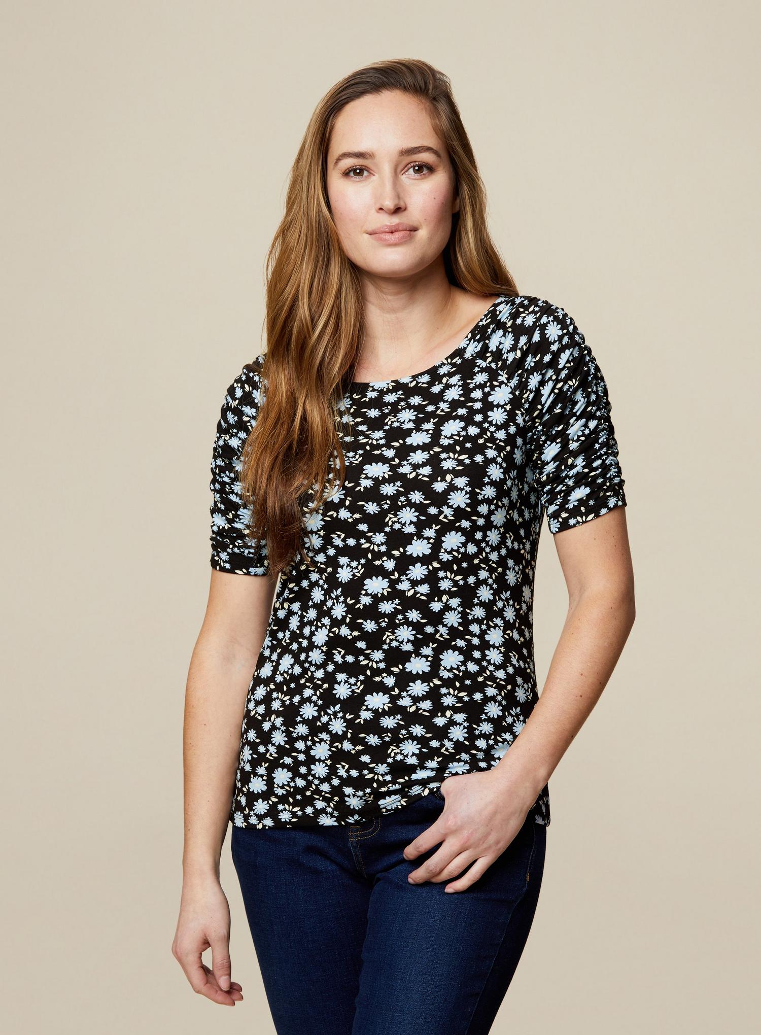 Blue Ditsy Ruched Sleeve T-Shirt | Dorothy Perkins UK