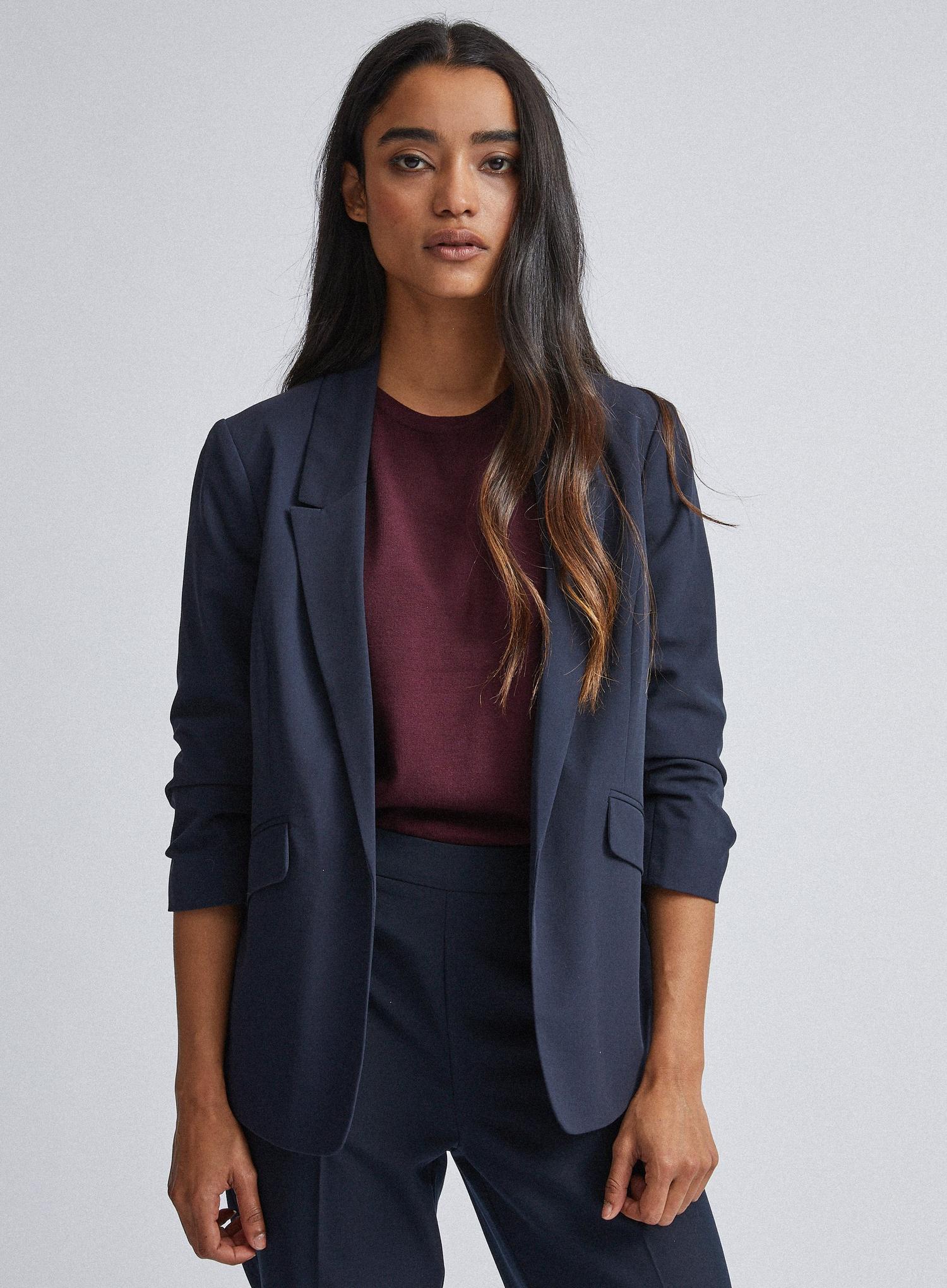navy ruched sleeve jacket
