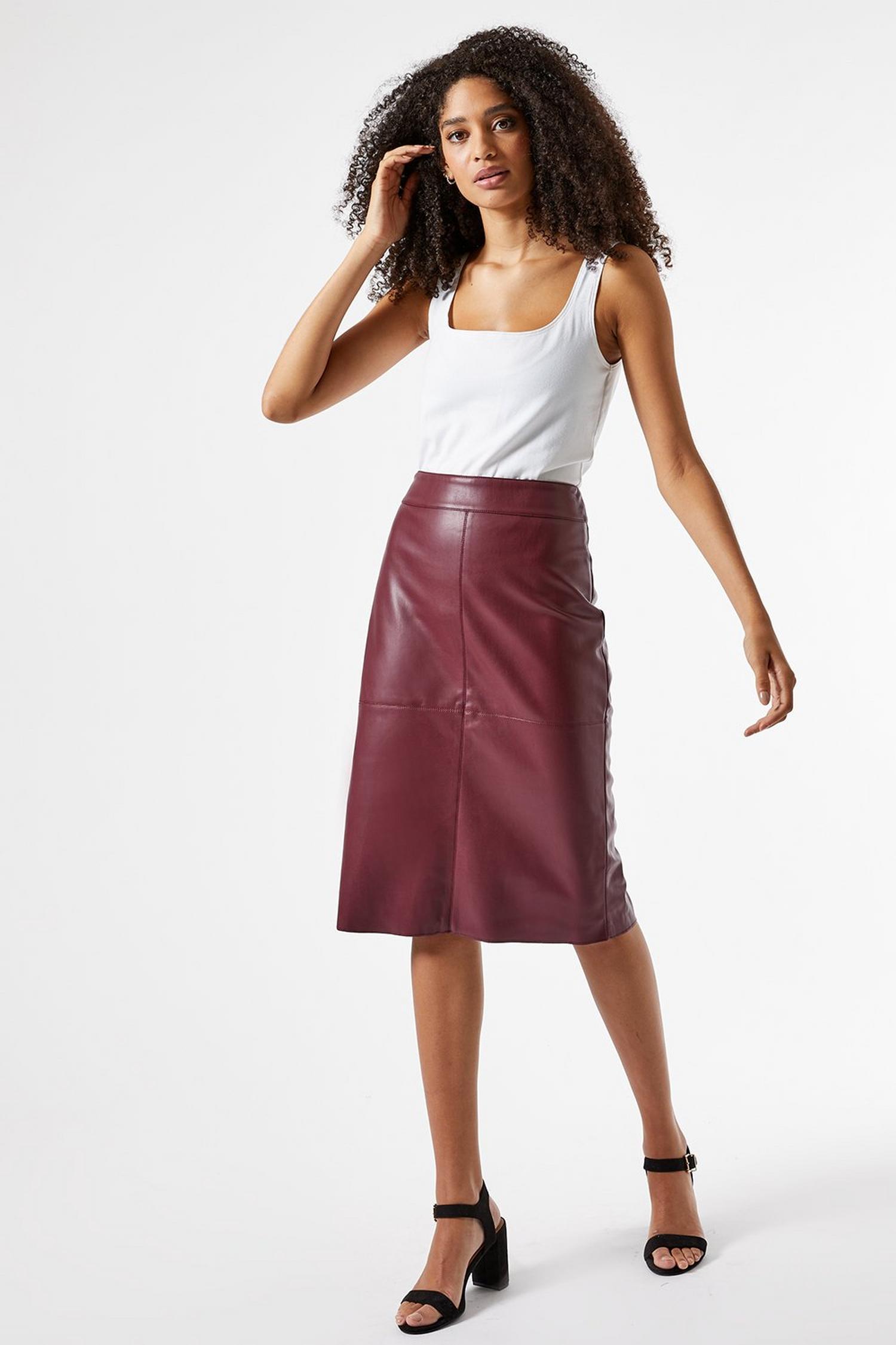 Berry Faux Leather Midi Skirt | Dorothy Perkins UK
