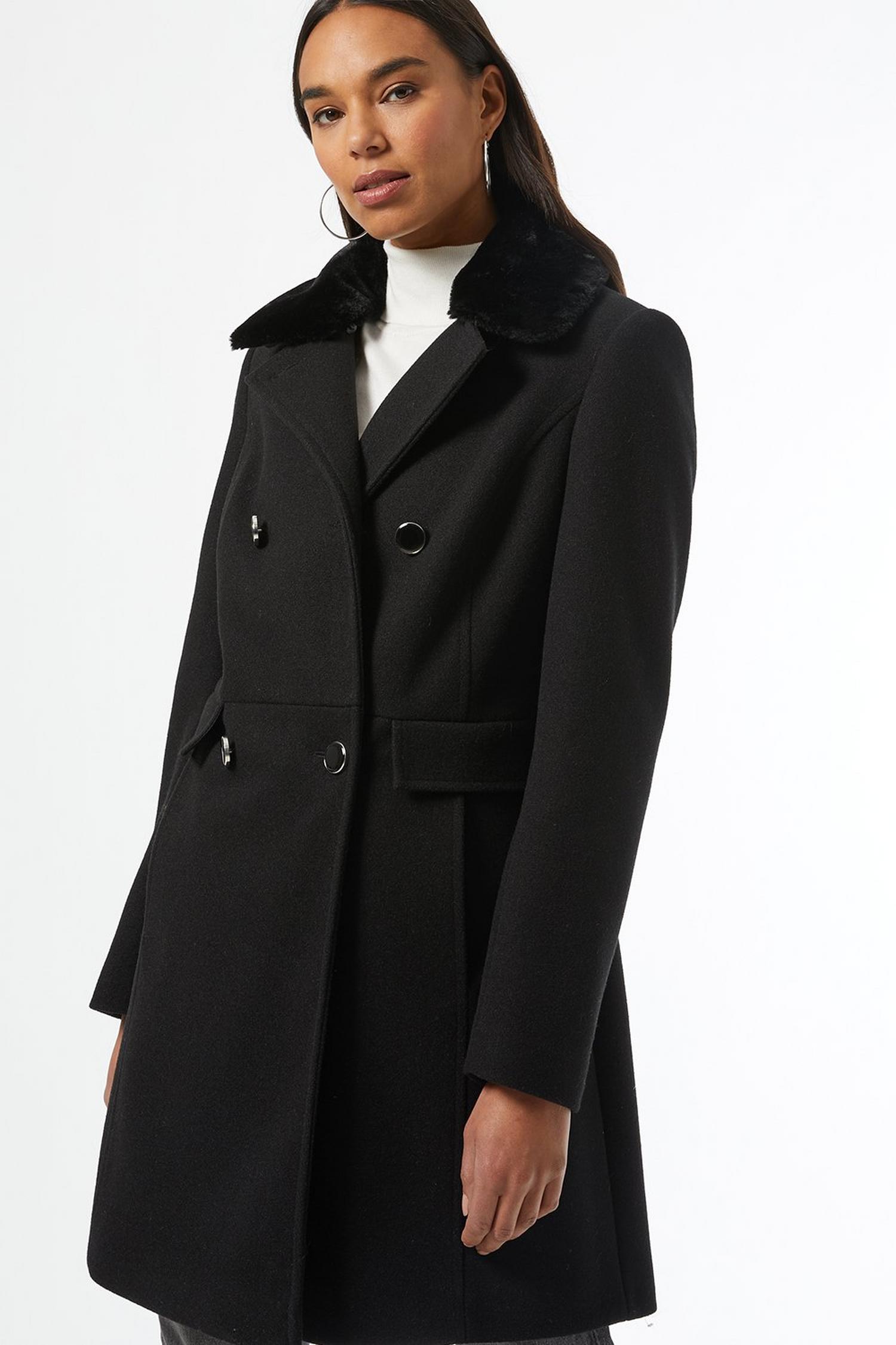 Black Faux Fur Collar Dolly Coat | Dorothy Perkins UK