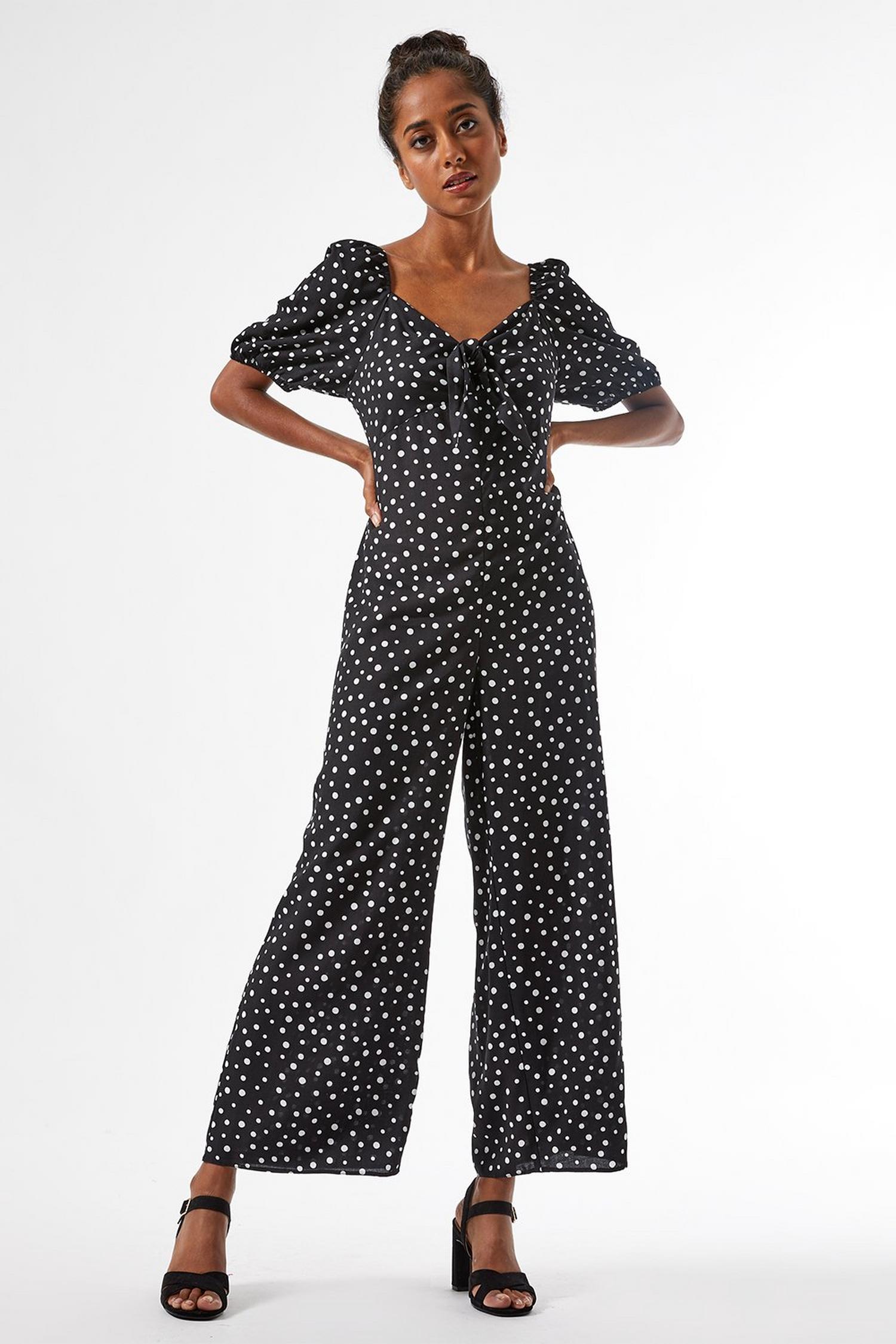 Petite Black Spot Print Jumpsuit | Dorothy Perkins UK