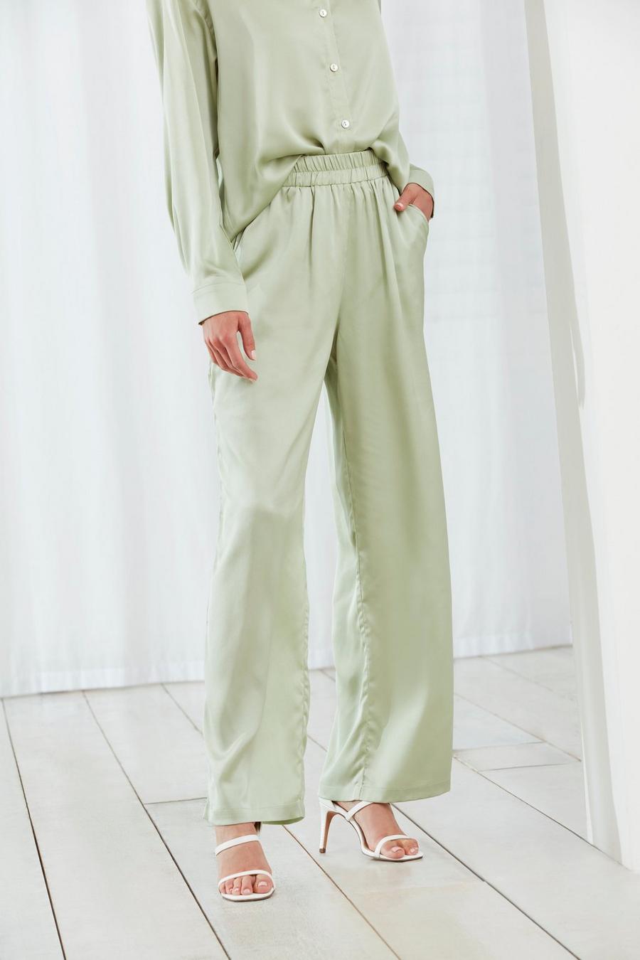 Sage Satin Co-Ord Wide Leg Trousers