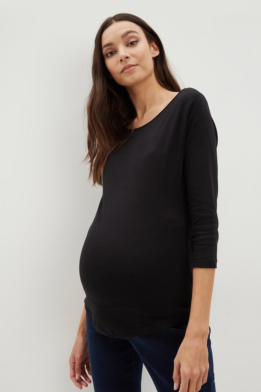 Maternity Stretch Black Slash Neck Top with Side Ruching