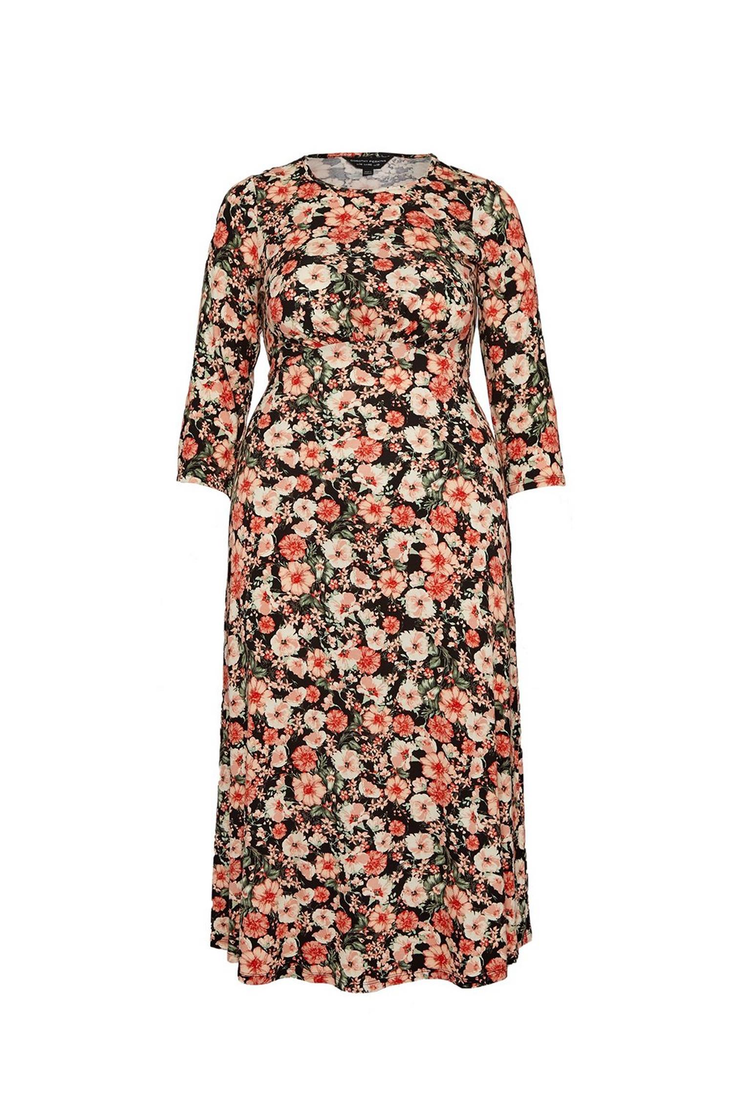 Curve Black Floral Empire Seam Midi Dress | Dorothy Perkins UK
