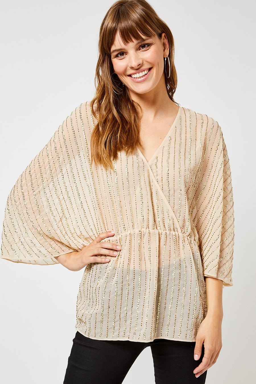 Champagne Wrap Batwing Sleeve Top