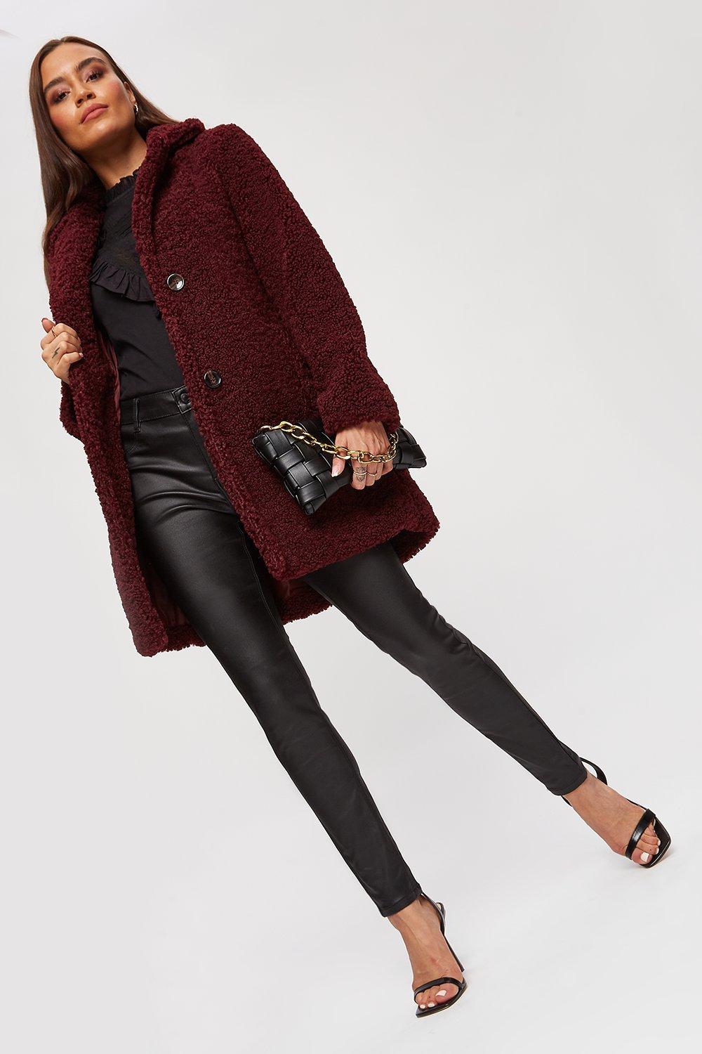 burgundy long teddy coat