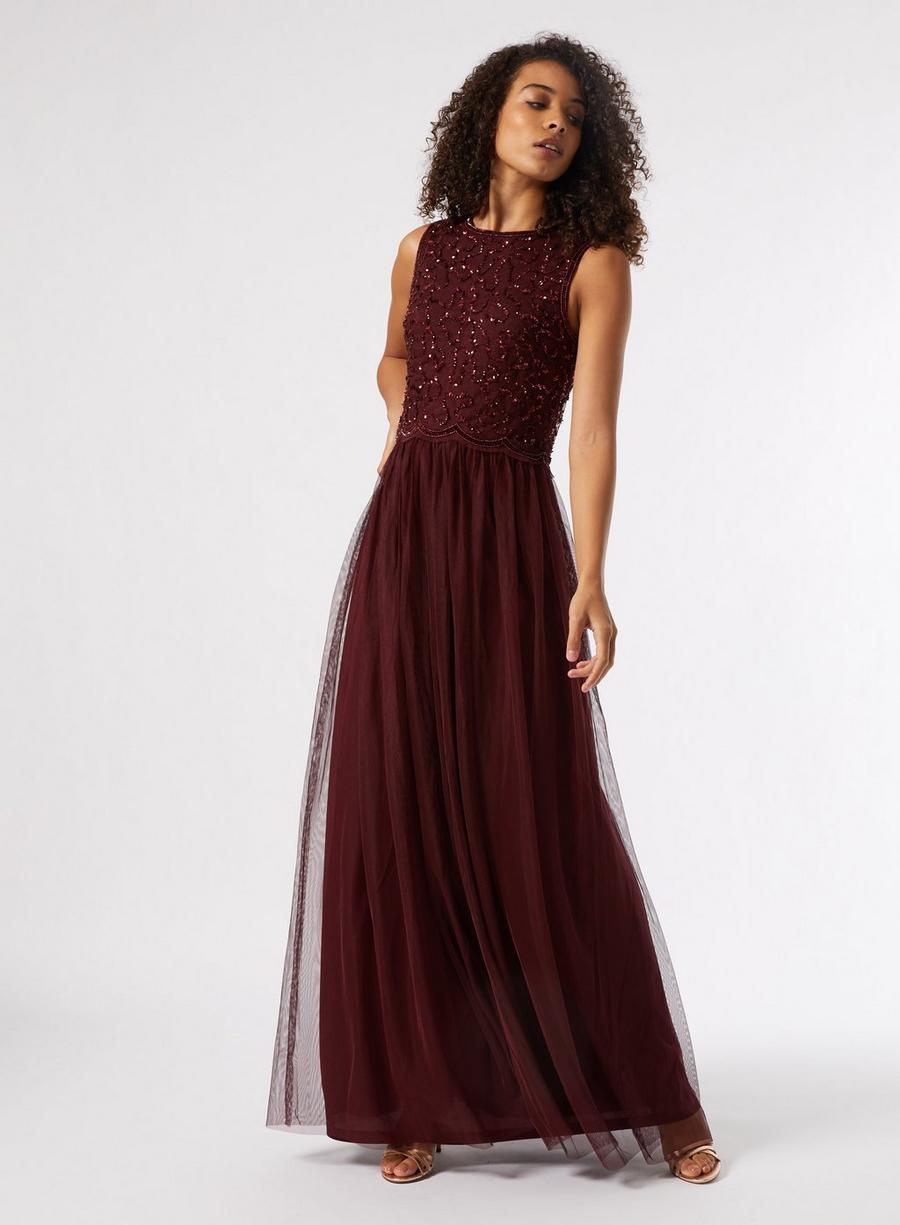 Tall Burgundy Embellished Tulle Maxi Dress