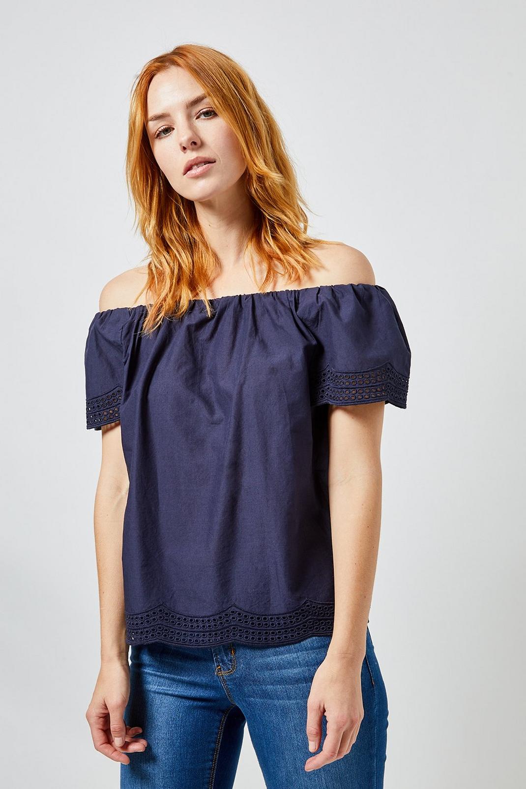 Navy Embroidered Bardot Top image number 1