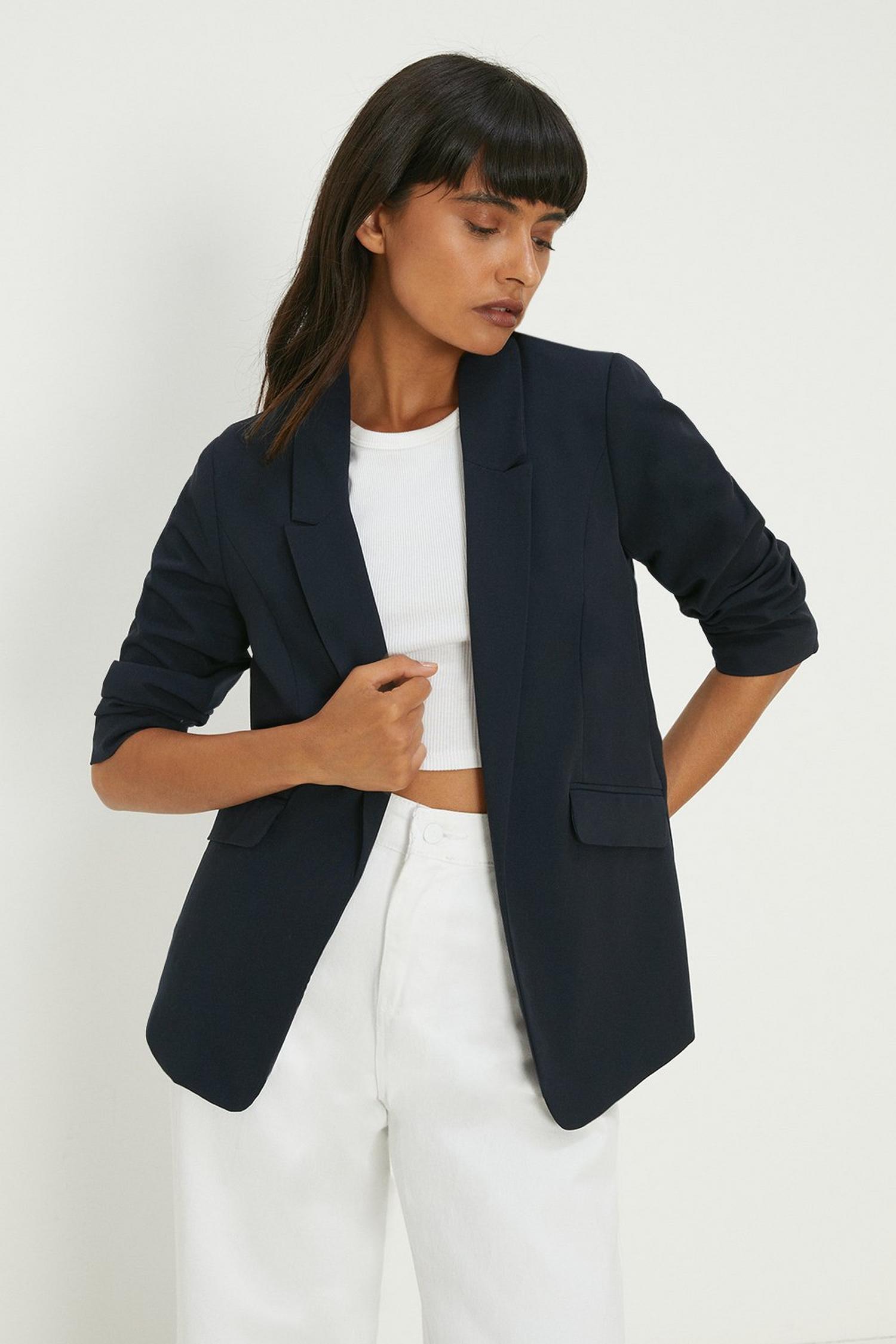 navy ruched sleeve jacket
