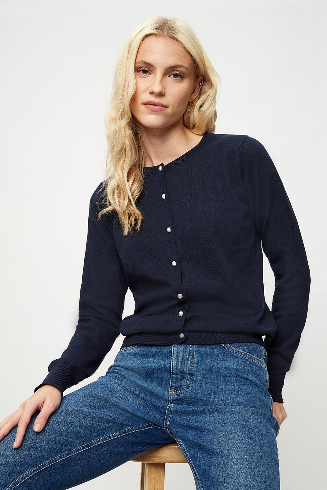 148 Navy V-Neck Pearl Button Cardigan image number 1