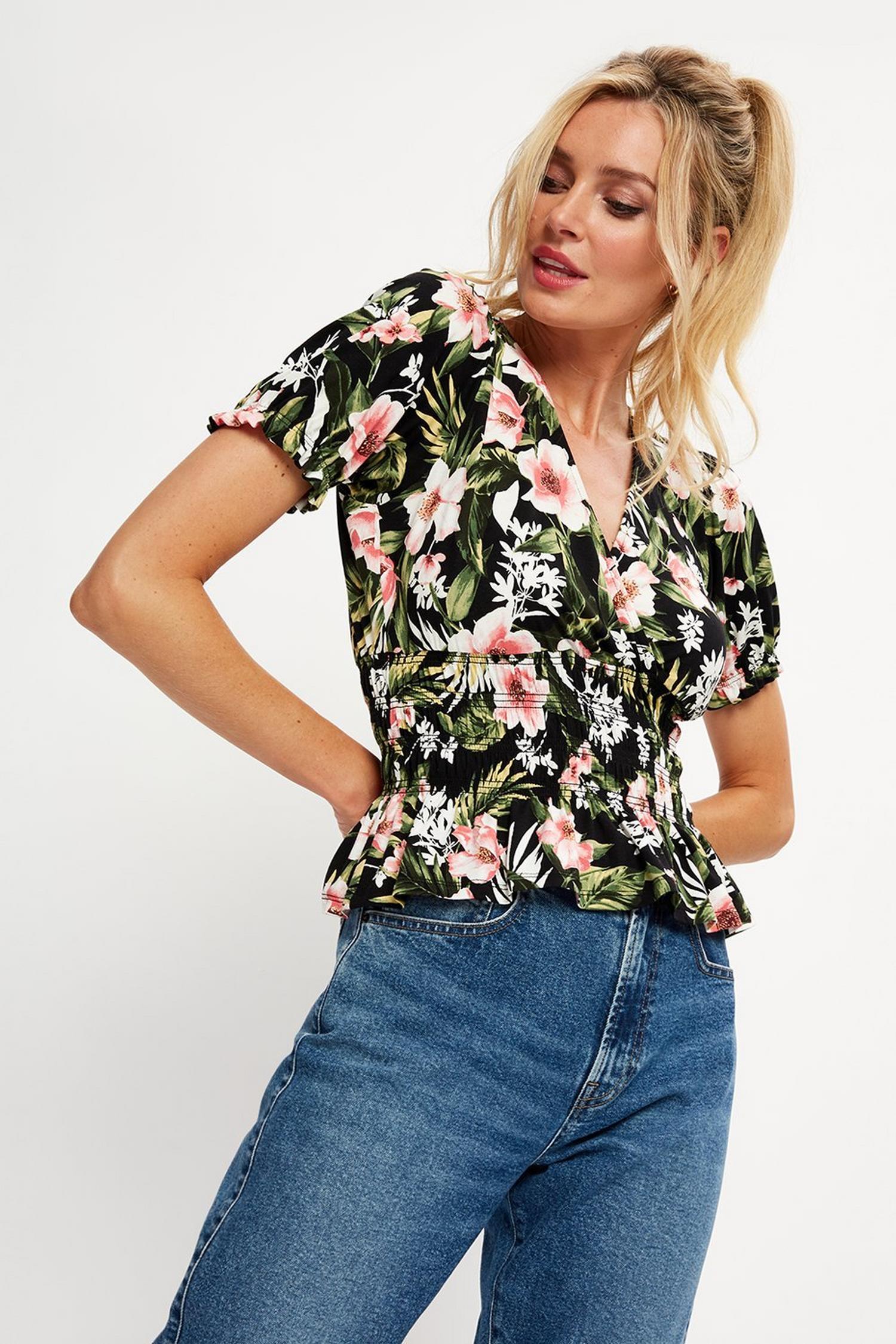 Tropical Floral Shirred Waist Top | Dorothy Perkins UK