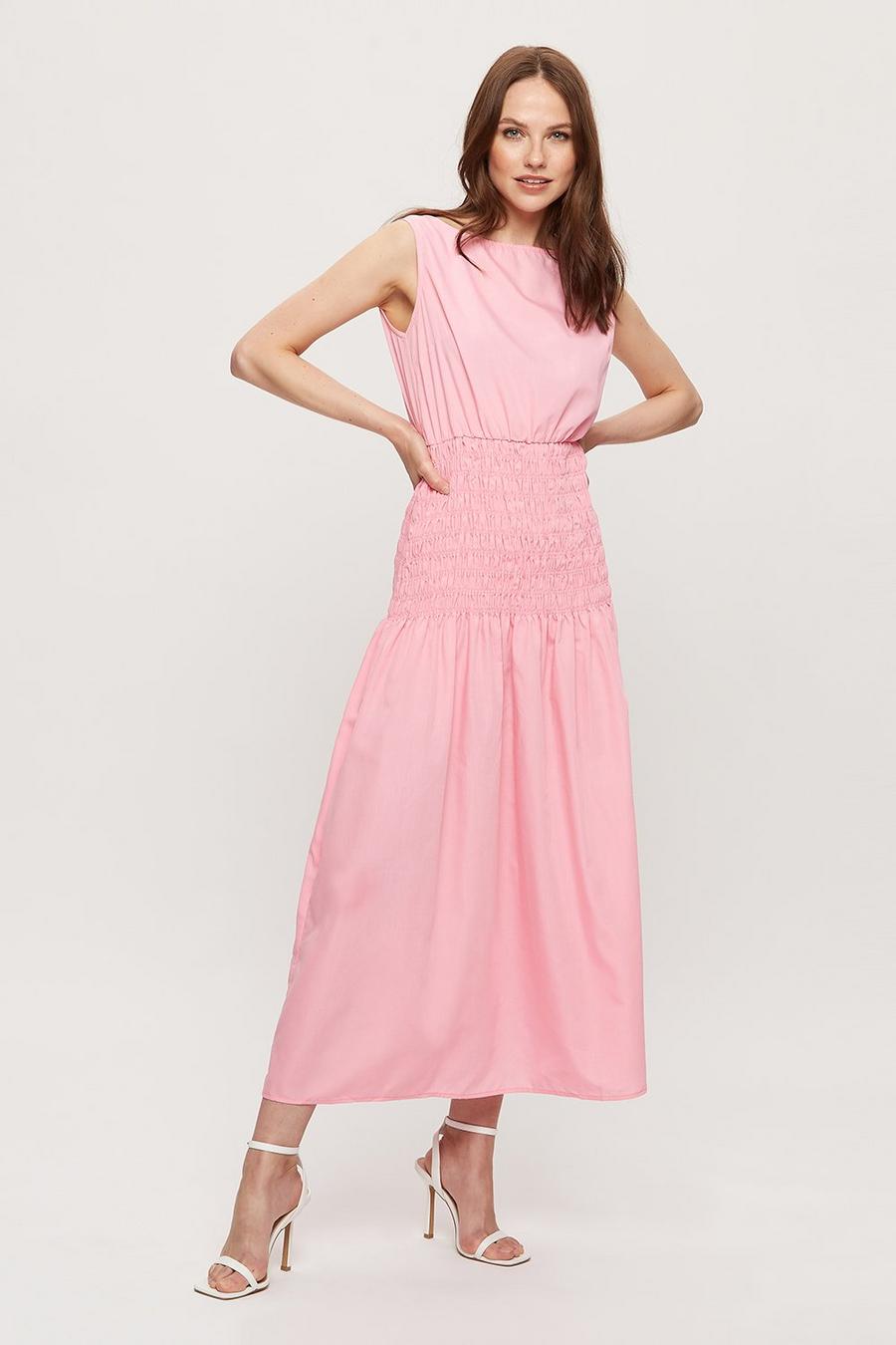 Pink Poplin Shirred Body Midaxi Dress