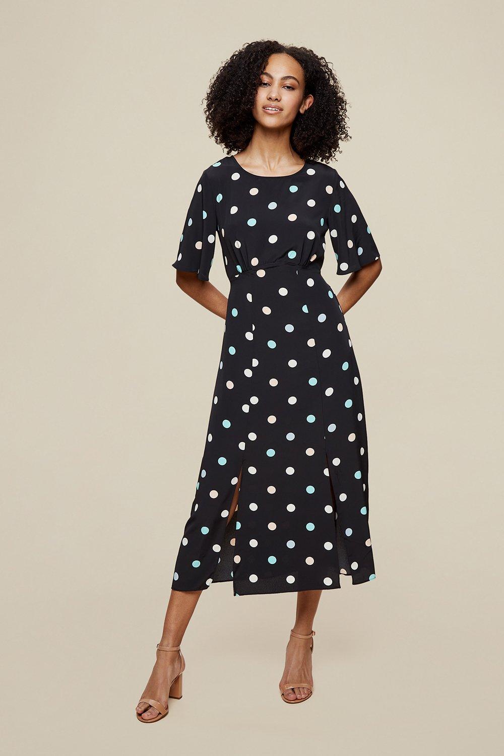 navy spotted midi dress