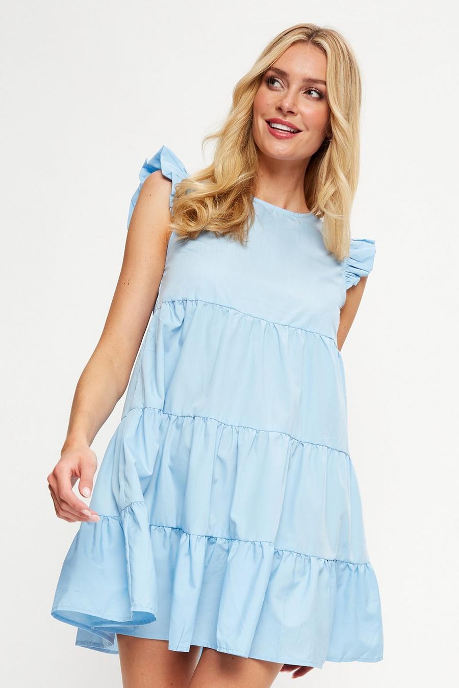 Blue Tiered Poplin Mini Dress