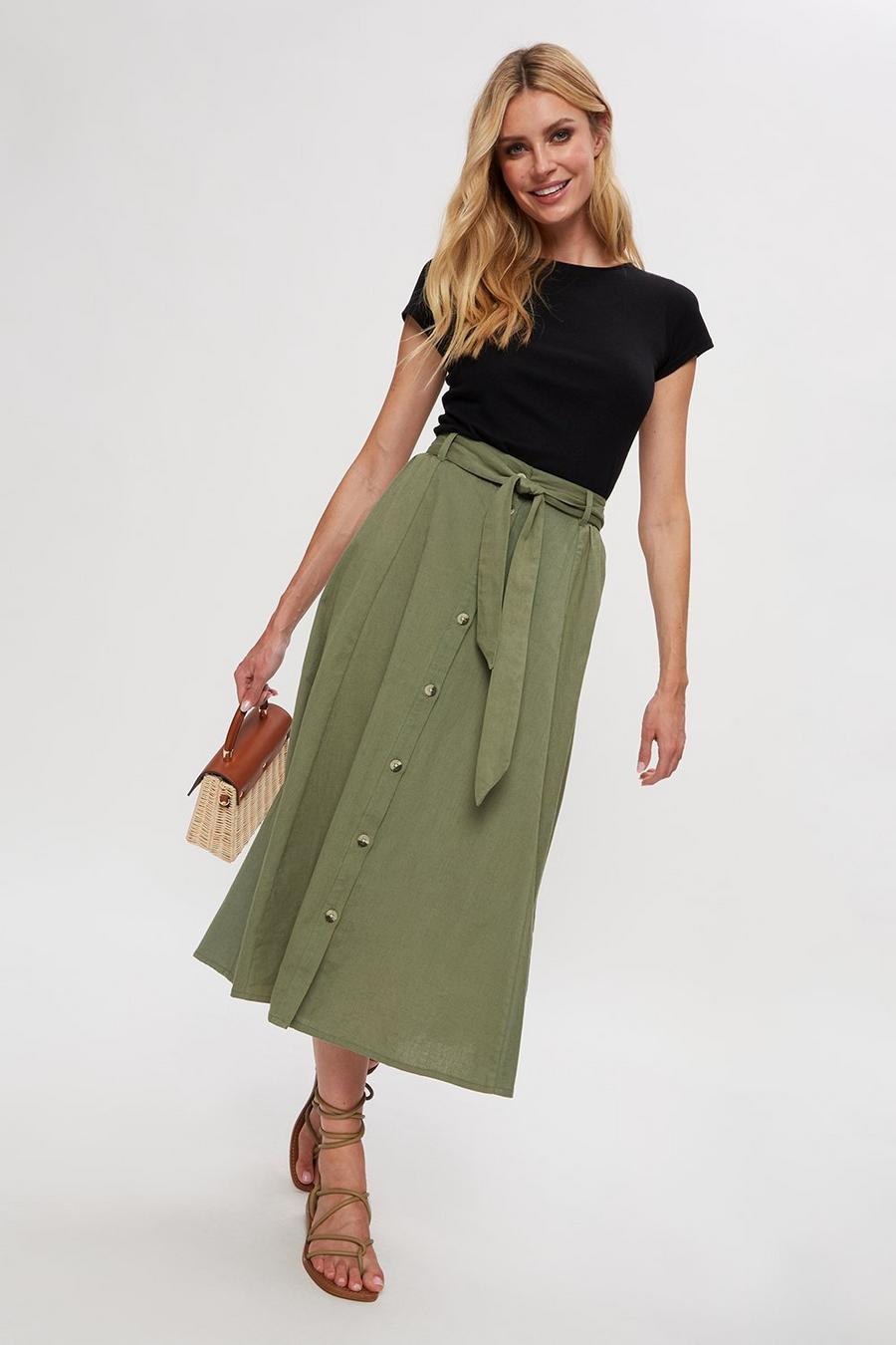 Khaki Linen Look Button Front Midi Skirt
