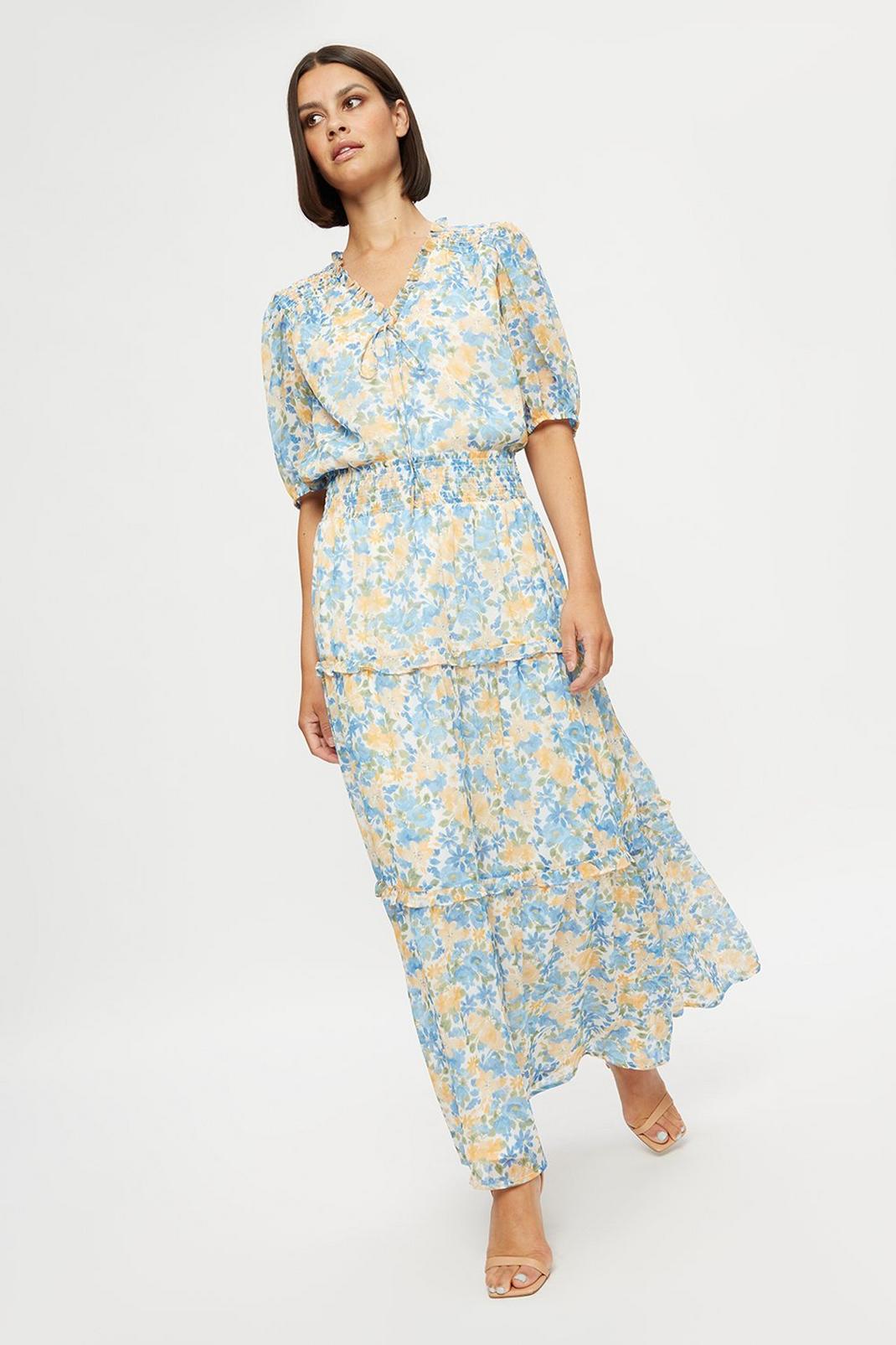 Yellow Blue Floral Co-ord Midi Skirt image number 1