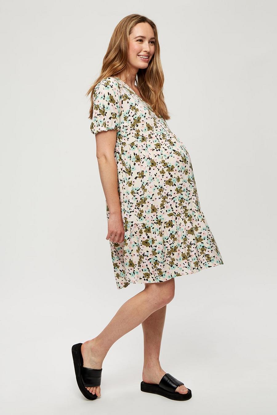 Maternity Khaki Multi Ditsy Smock Mini Dress