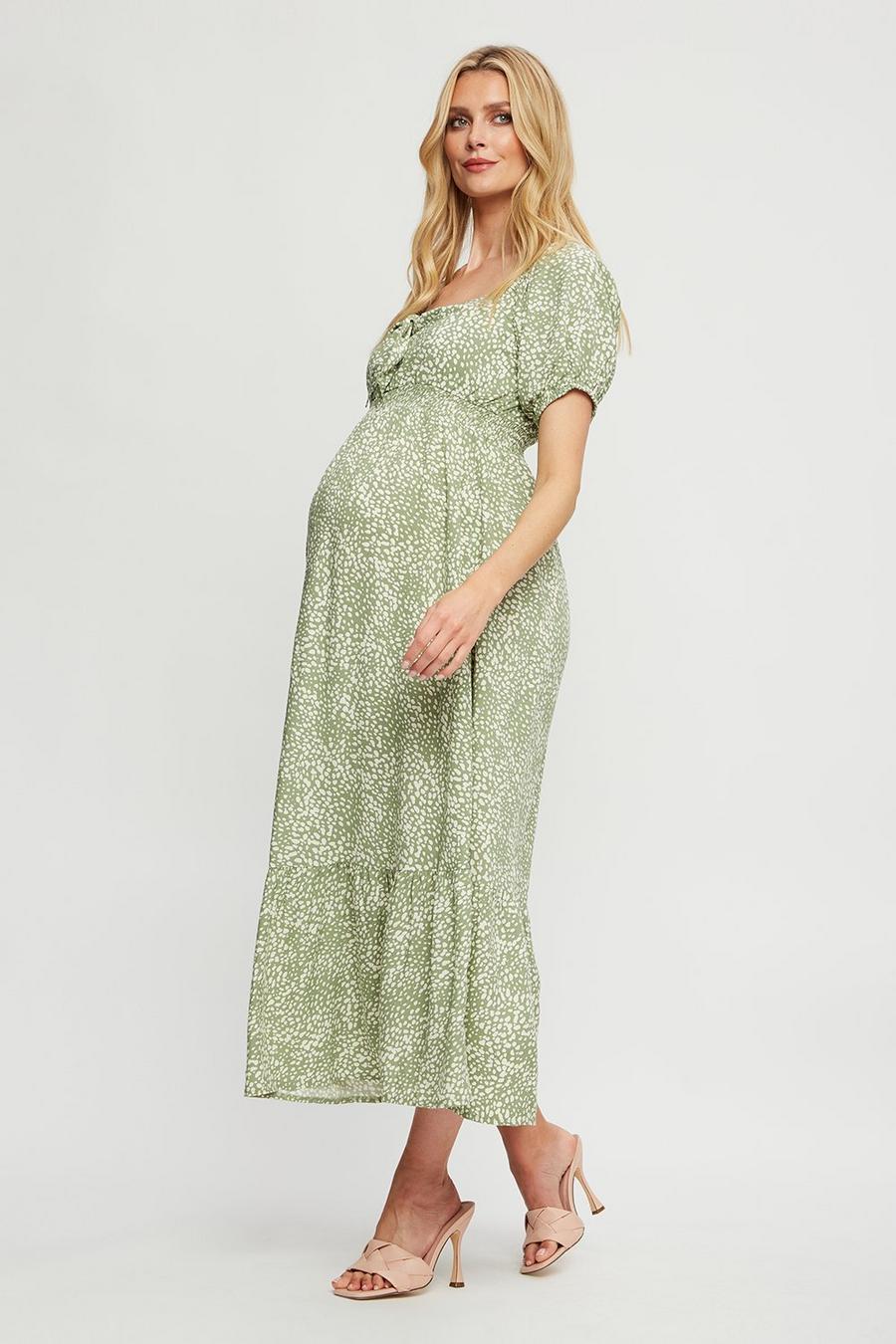 Maternity Sage Print Tie Front Maxi Dress