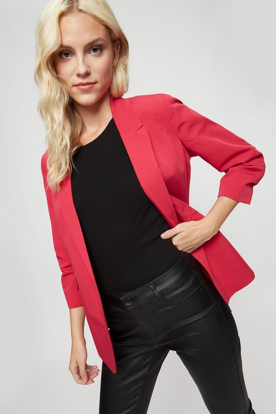 Raspberry Ruched Sleeve Blazer image number 1