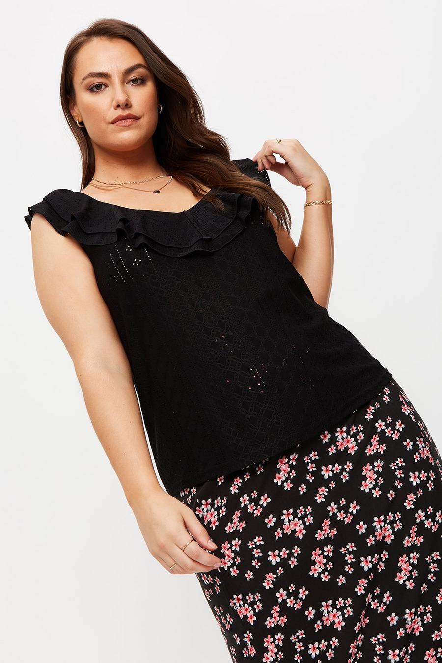 Curve Black Broderie Frill Neck Top 
